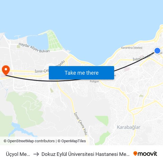 Üçyol Metro to Dokuz Eylül Üniversitesi Hastanesi Mescid-i map