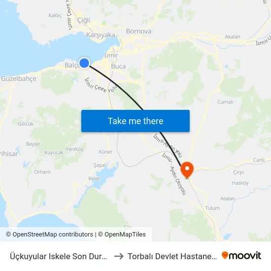 Üçkuyular Iskele Son Durak to Torbalı Devlet Hastanesi map