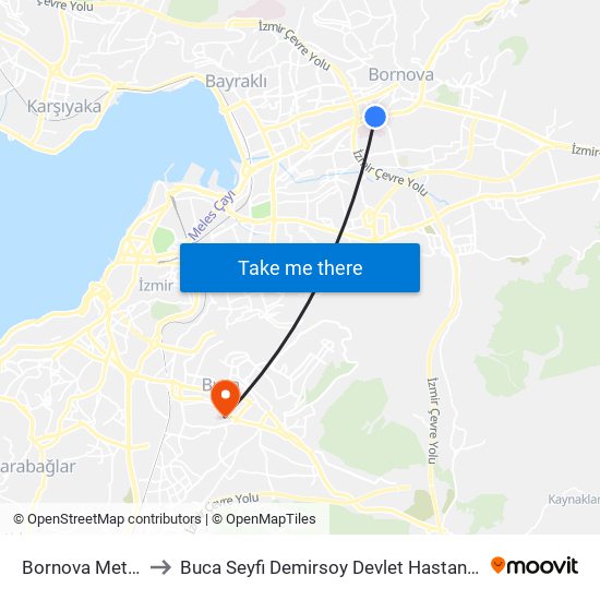 Bornova Metro to Buca Seyfi Demirsoy Devlet Hastanesi map