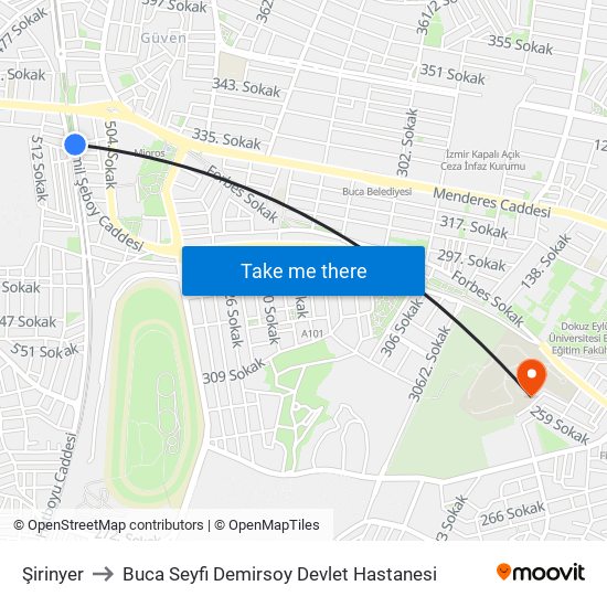 Şirinyer to Buca Seyfi Demirsoy Devlet Hastanesi map