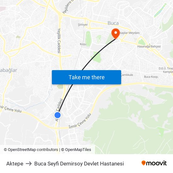 Aktepe to Buca Seyfi Demirsoy Devlet Hastanesi map