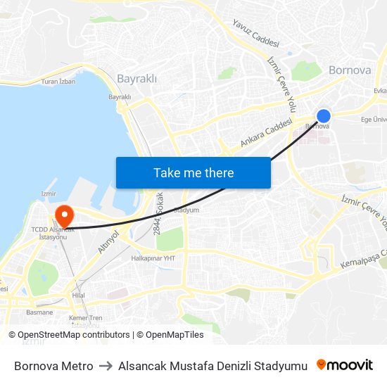 Bornova Metro to Alsancak Mustafa Denizli Stadyumu map