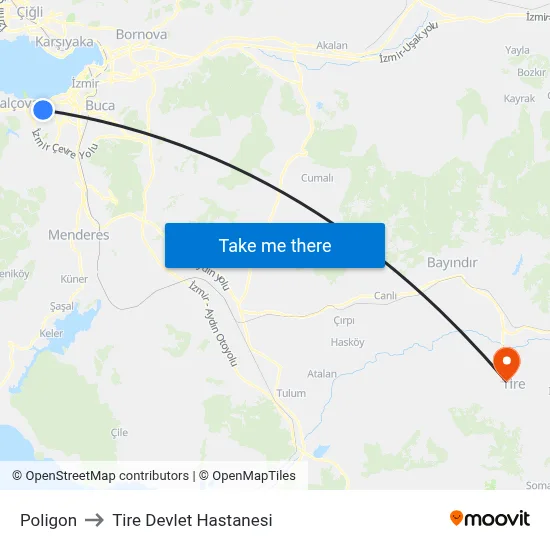 Poligon to Tire Devlet Hastanesi map