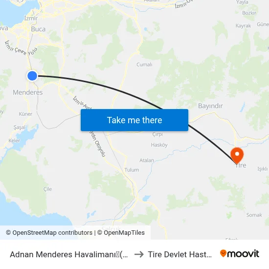 Adnan Menderes Havalimanı✈(Havaş) to Tire Devlet Hastanesi map