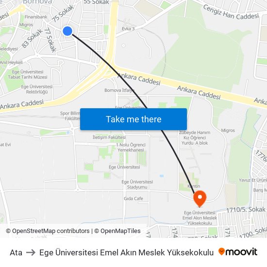 Ata to Ege Üniversitesi Emel Akın Meslek Yüksekokulu map