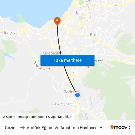 Gaziemir to Atatürk Eğitim Ve Araştırma Hastanesi Hatay Polikliniği map