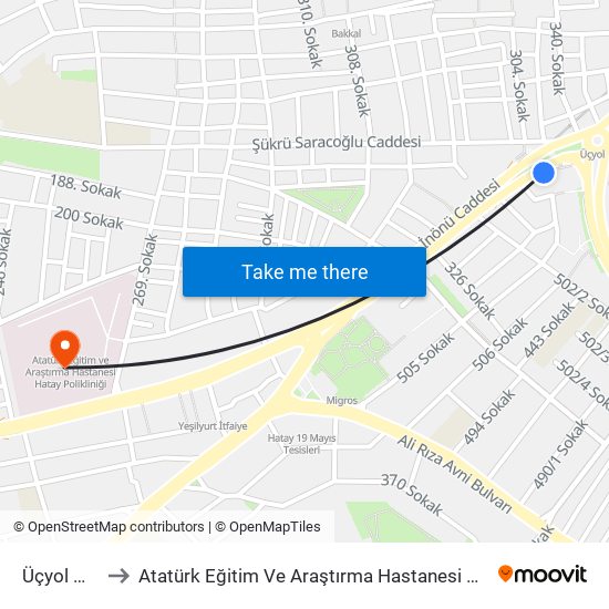 Üçyol Metro to Atatürk Eğitim Ve Araştırma Hastanesi Hatay Polikliniği map
