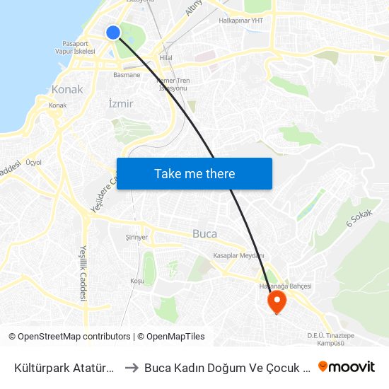 Kültürpark Atatürk Lisesi to Buca Kadın Doğum Ve Çocuk Hastanesi map