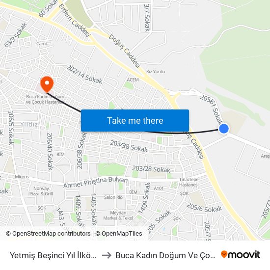 Yetmiş Beşinci Yıl İlköğretim Okulu to Buca Kadın Doğum Ve Çocuk Hastanesi map