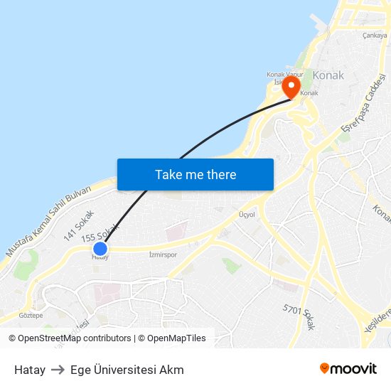 Hatay to Ege Üniversitesi Akm map