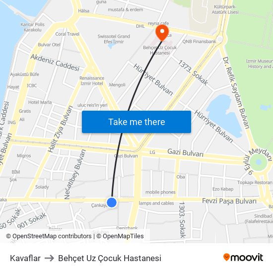 Kavaflar to Behçet Uz Çocuk Hastanesi map