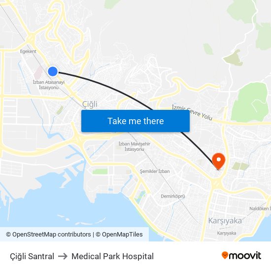 Çiğli Santral to Medical Park Hospital map