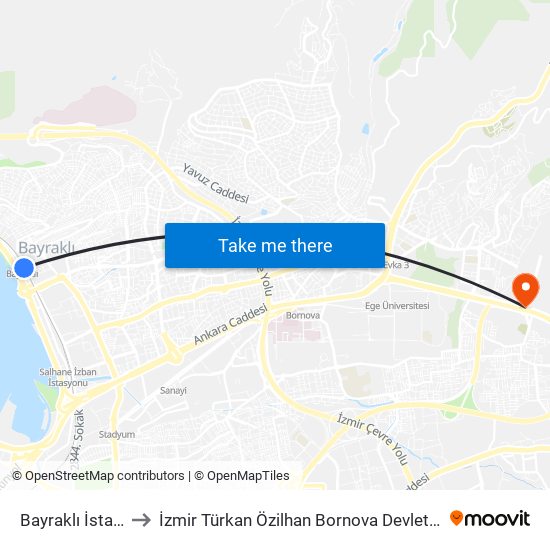 Bayraklı İstasyon to İzmir Türkan Özilhan Bornova Devlet Hastanesi map