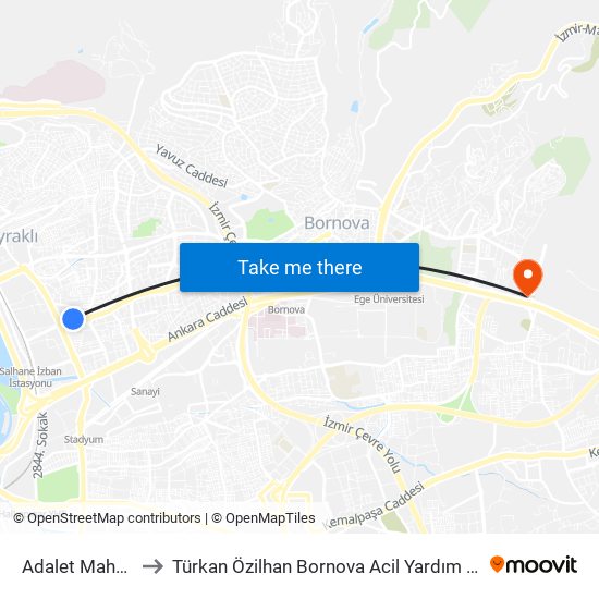 Adalet Mahallesi to Türkan Özilhan Bornova Acil Yardım Hastanesi map