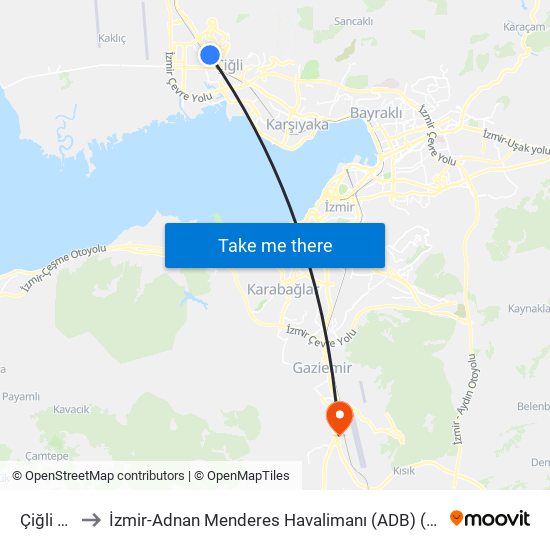 Çiğli Santral to İzmir-Adnan Menderes Havalimanı (ADB) (Izmir-Adnan Menderes Airport) map