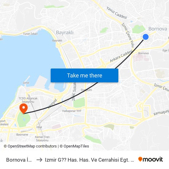 Bornova İzsu to Izmir G?? Has. Has. Ve Cerrahisi Egt. Hast. map