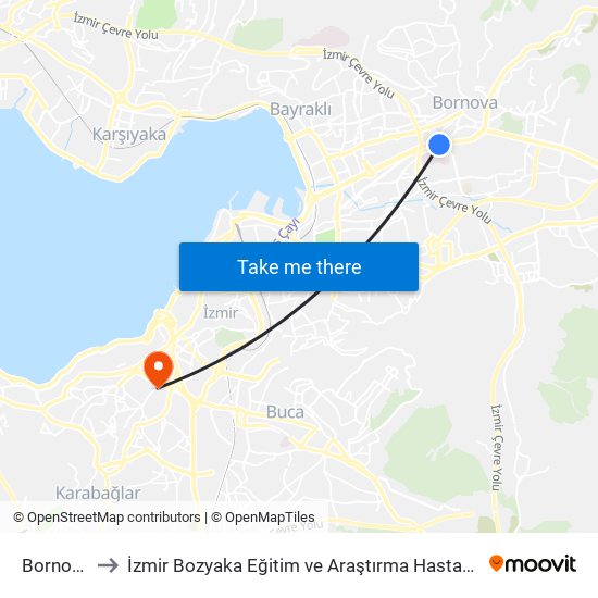 Bornova Metro to İzmir Bozyaka Eğitim ve Araştırma Hastanesi (Izmir Bozyaka Eg. & Aras. Hast.) map