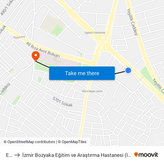 Elka to İzmir Bozyaka Eğitim ve Araştırma Hastanesi (Izmir Bozyaka Eg. & Aras. Hast.) map