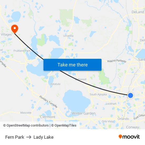 Fern Park to Lady Lake map