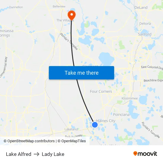 Lake Alfred to Lady Lake map