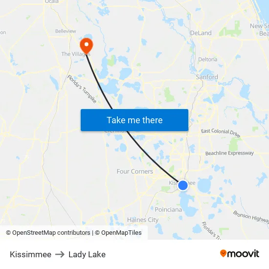 Kissimmee to Lady Lake map