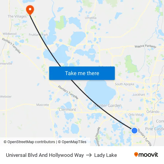 Universal Blvd & Hollywood Way to Lady Lake map