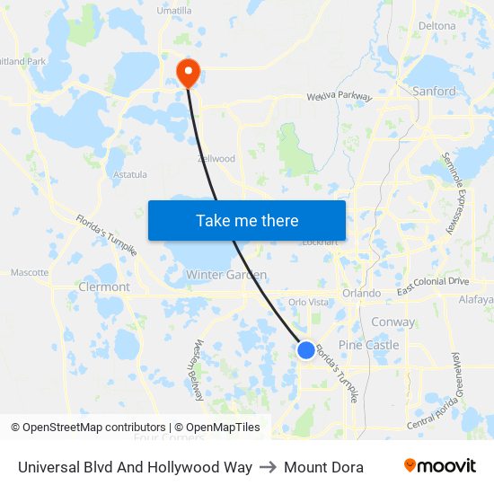 Universal Blvd And Hollywood Way to Mount Dora map