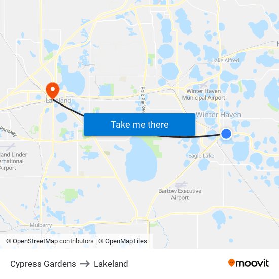 Cypress Gardens to Lakeland map