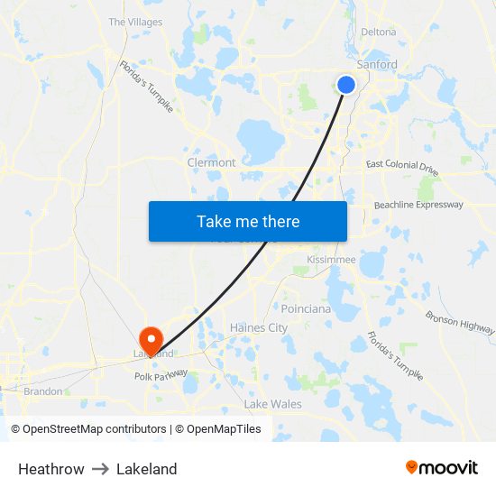 Heathrow to Lakeland map