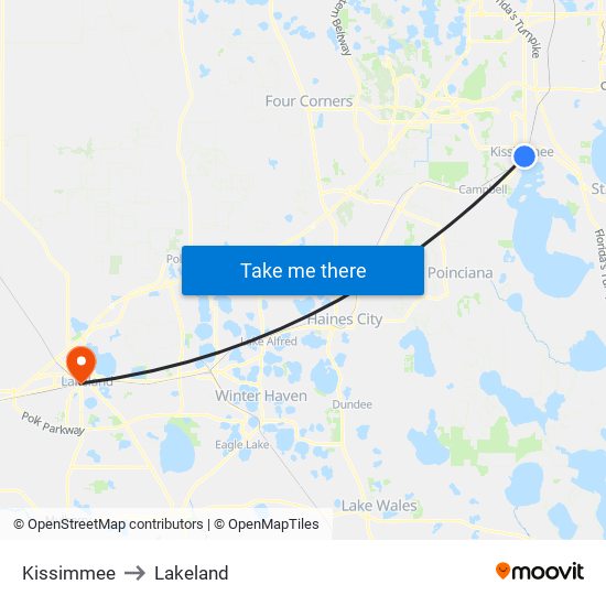 Kissimmee to Lakeland map