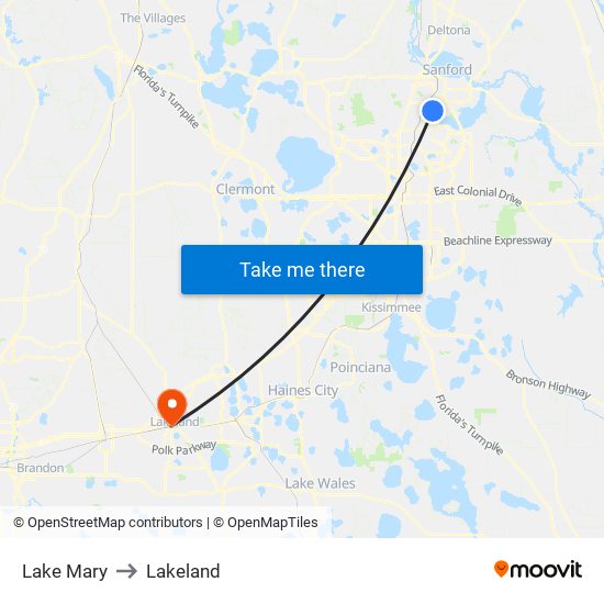 Lake Mary to Lakeland map