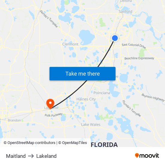 Maitland to Lakeland map