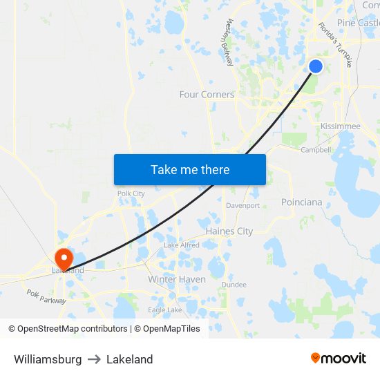 Williamsburg to Lakeland map