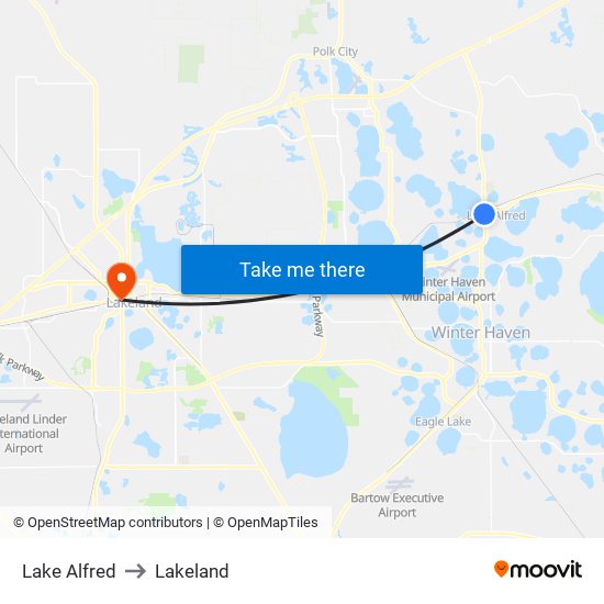 Lake Alfred to Lakeland map