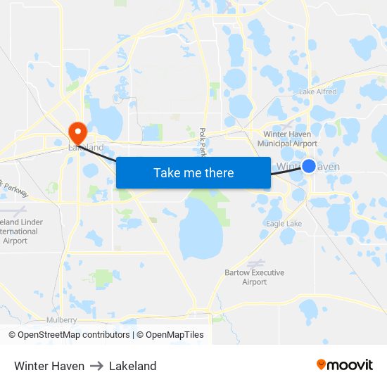 Winter Haven to Lakeland map