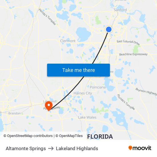 Altamonte Springs to Lakeland Highlands map