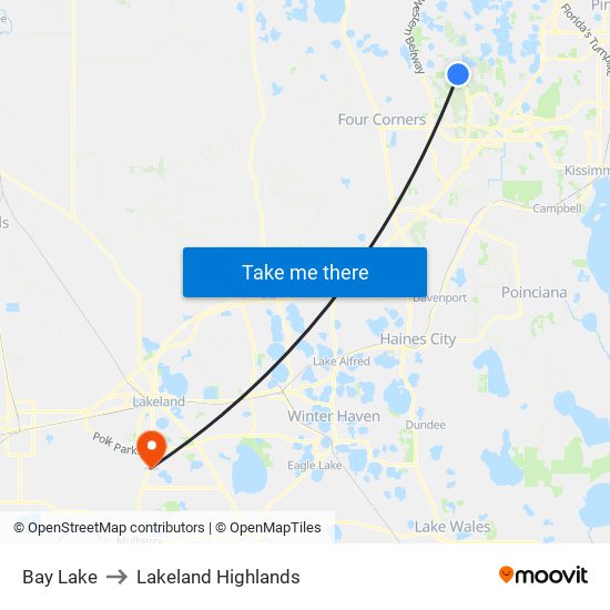 Bay Lake to Lakeland Highlands map