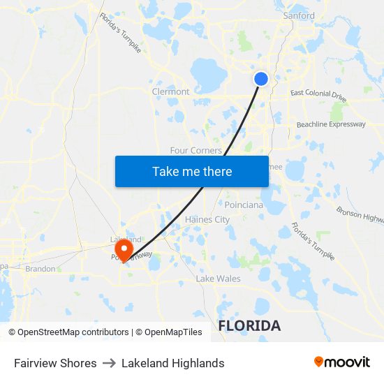 Fairview Shores to Lakeland Highlands map