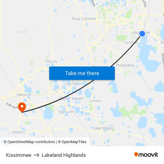 Kissimmee to Lakeland Highlands map
