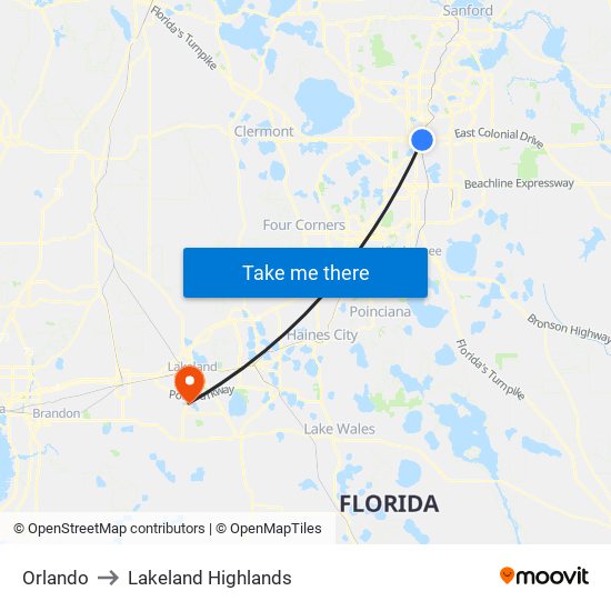 Orlando to Lakeland Highlands map