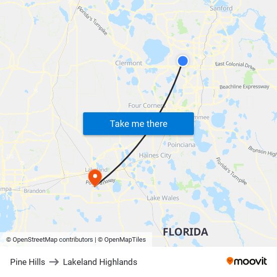 Pine Hills to Lakeland Highlands map