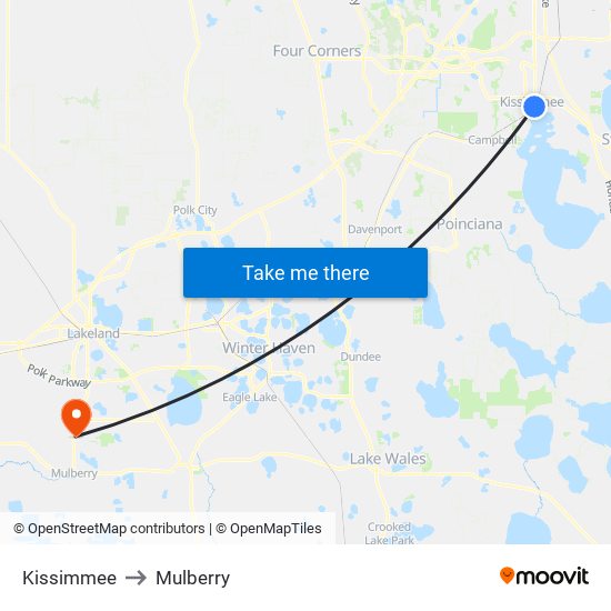 Kissimmee to Mulberry map