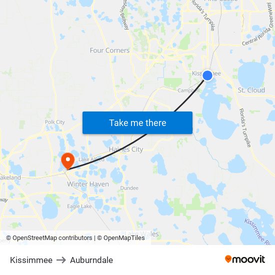 Kissimmee to Auburndale map