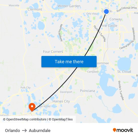 Orlando to Auburndale map