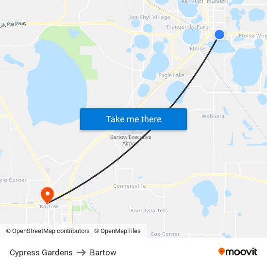 Cypress Gardens to Bartow map