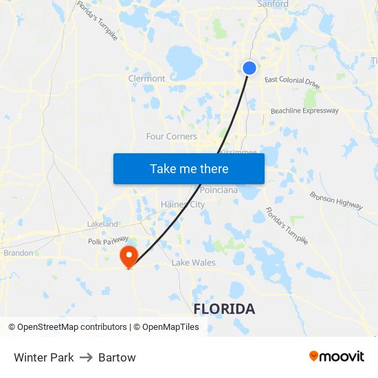 Winter Park to Bartow map