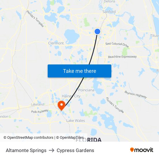 Altamonte Springs to Cypress Gardens map