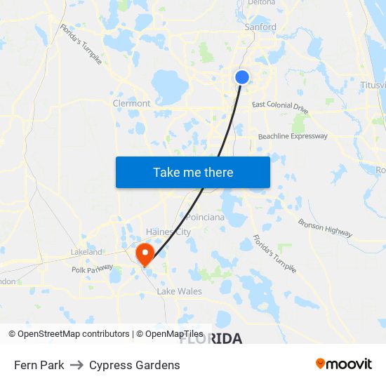 Fern Park to Cypress Gardens map