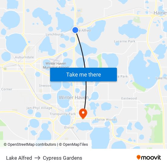 Lake Alfred to Cypress Gardens map