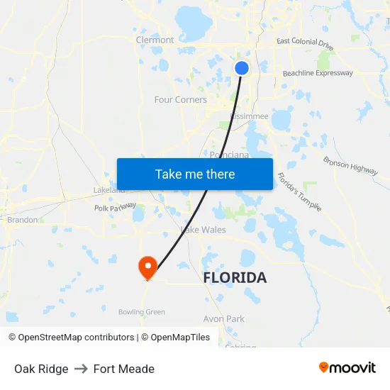Oak Ridge to Fort Meade map